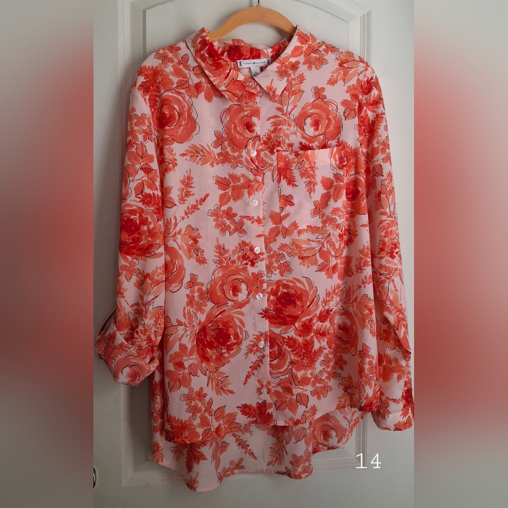 Tommy hilfiger womens blouse sz XL lighweight boho floral summer lagenlook offic